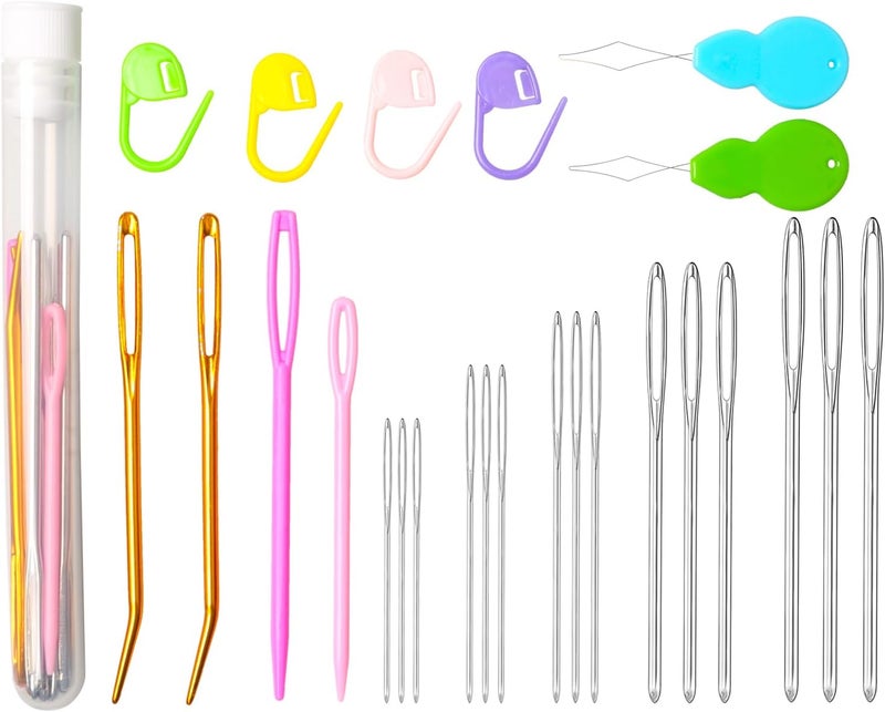 HEKISN 25Pcs Large Eye Blunt Yarn Needles Kit, Assorted Sizes Bent Tapestry Darning Needle & Stitch Markers & Threaders for Knitting, Crochet (White) - Image 1